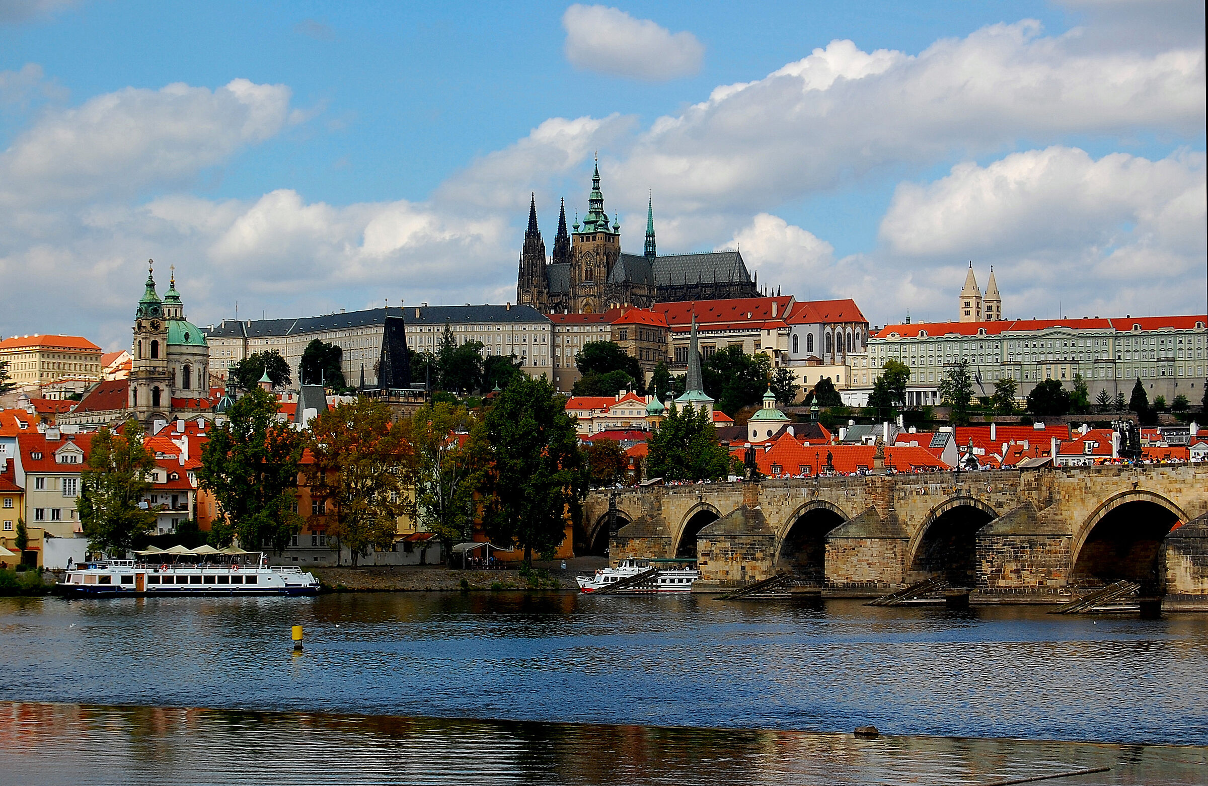 Prague Castle and charles bridge over Vltava...
