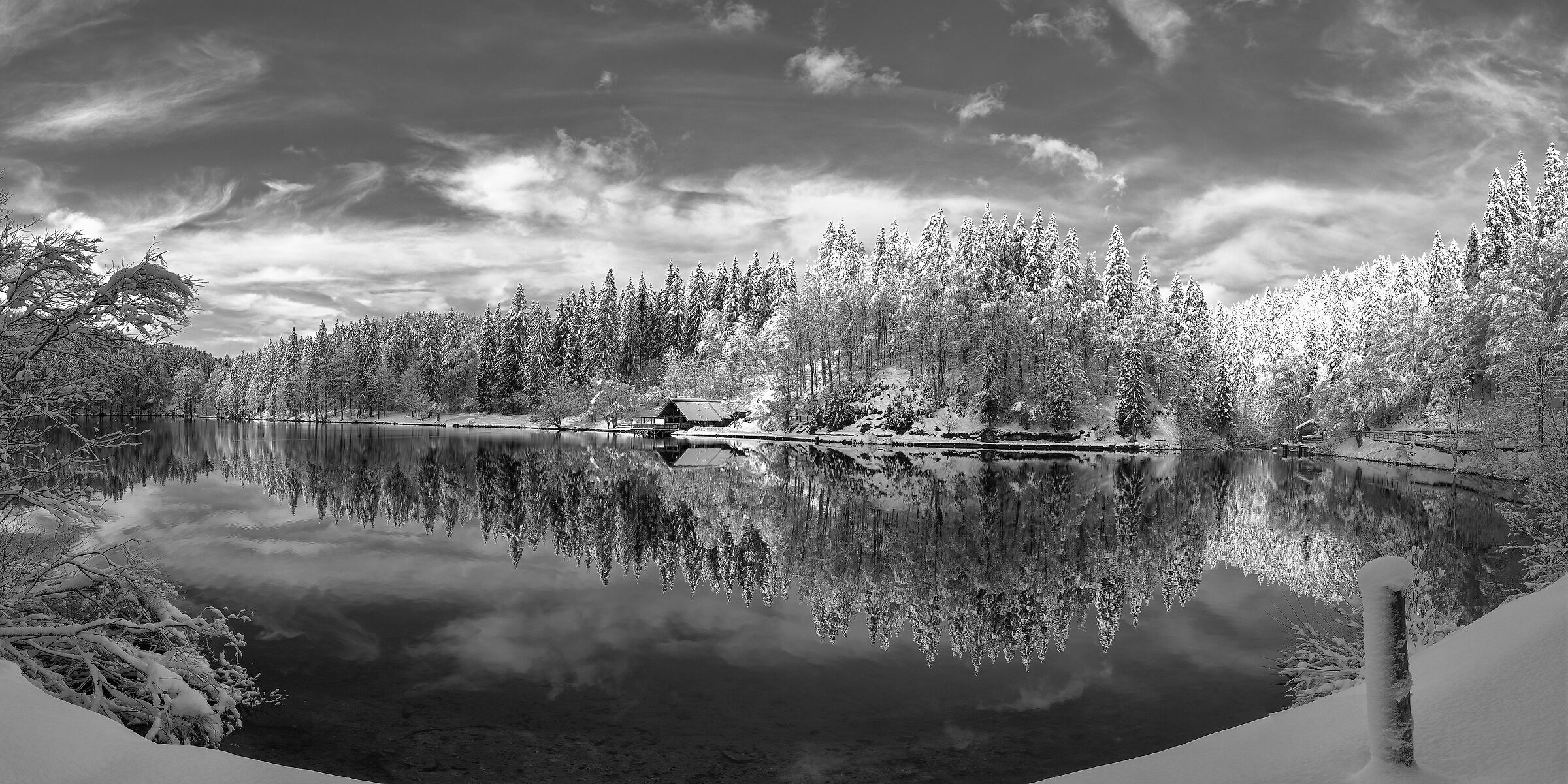 Reflections in BW, lower lake of Fusine  ...