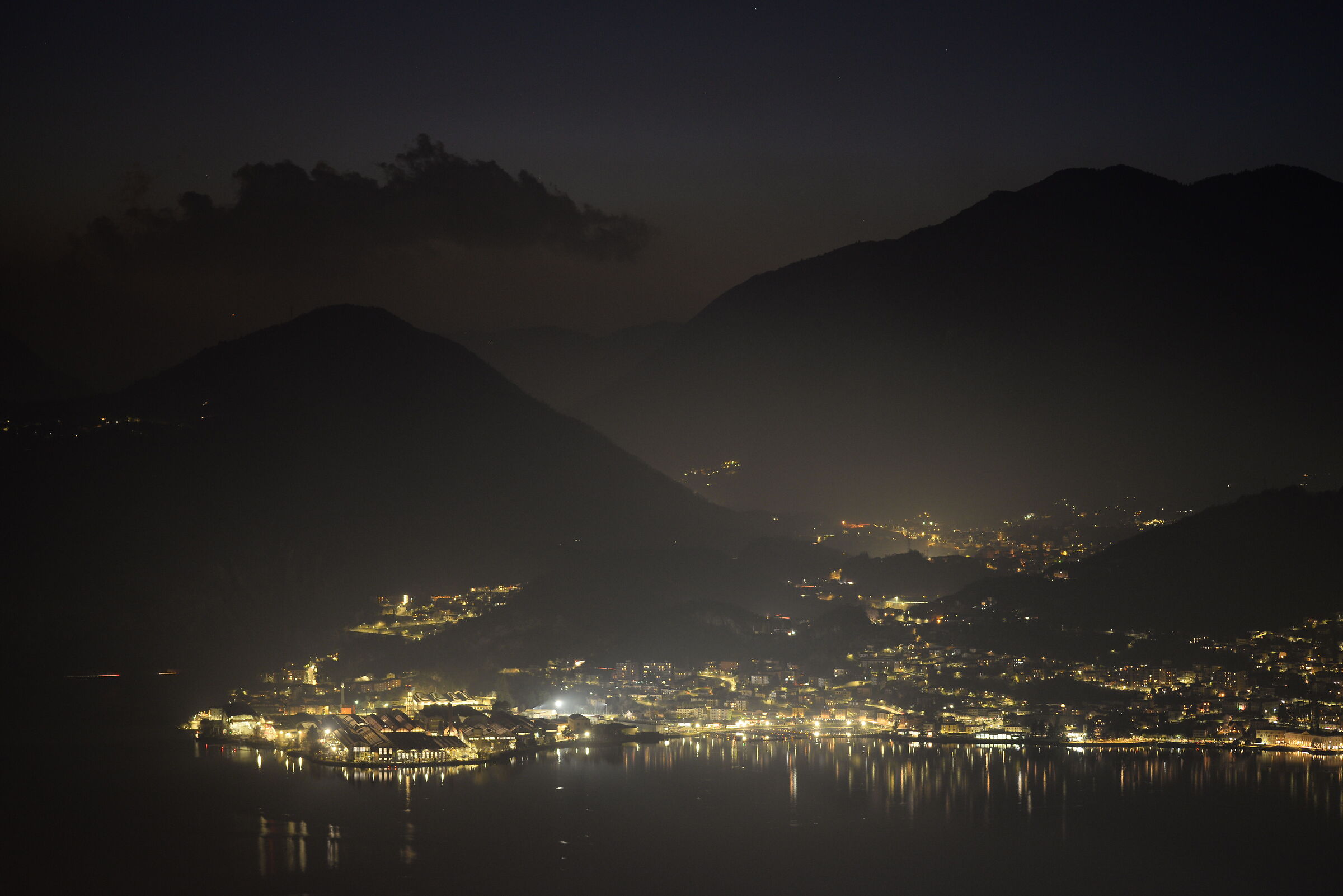 Night view of the town of Lovere on Lake Iseo...