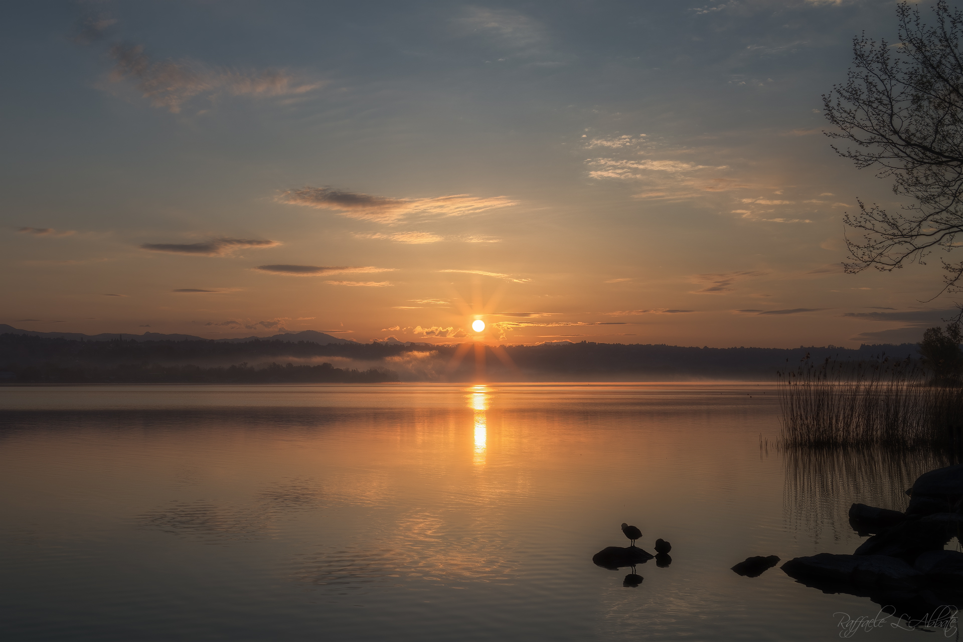 Sunrise and silhouette at Lake Varese...
