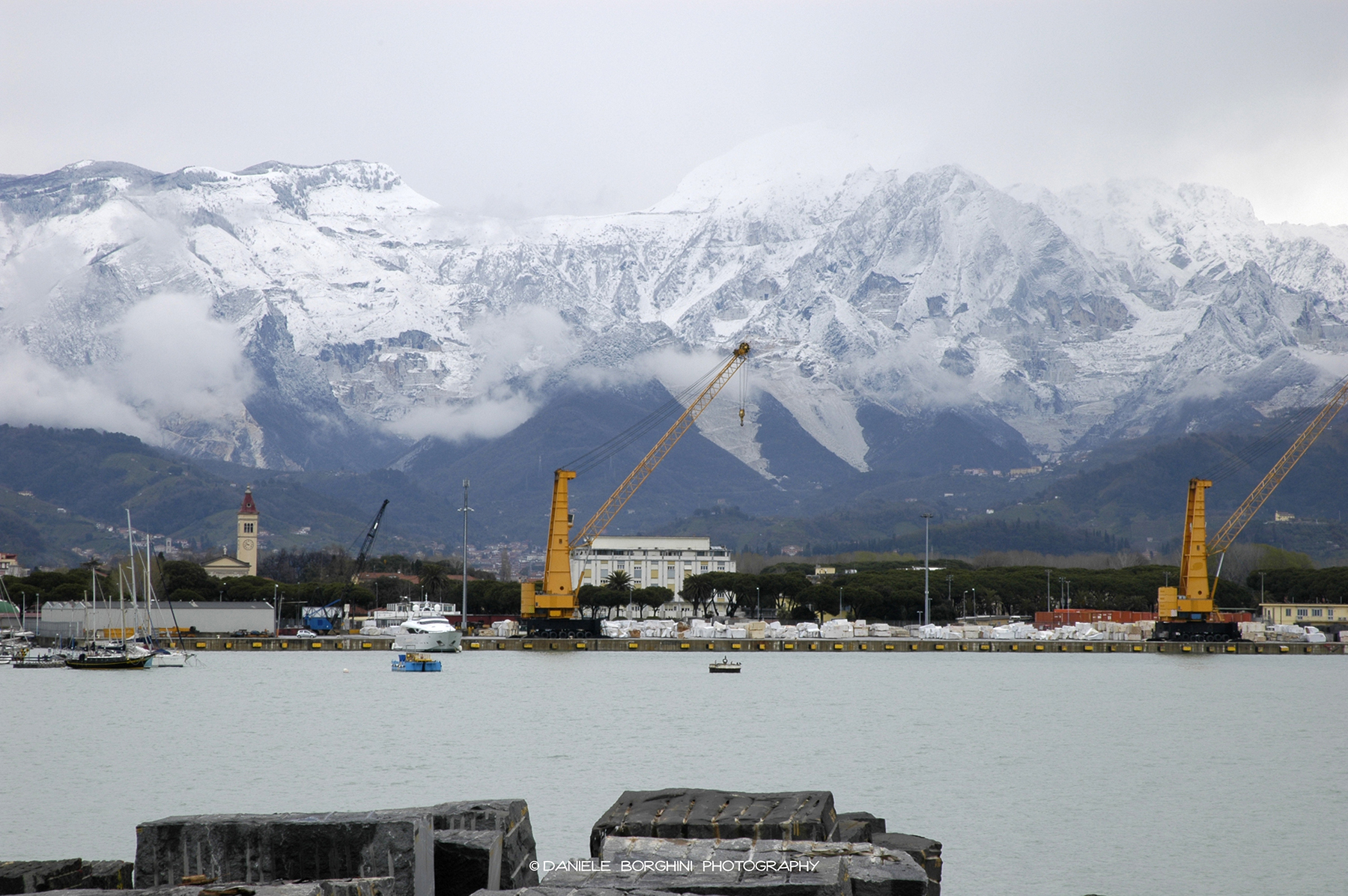 The port and the Apuan Alps...
